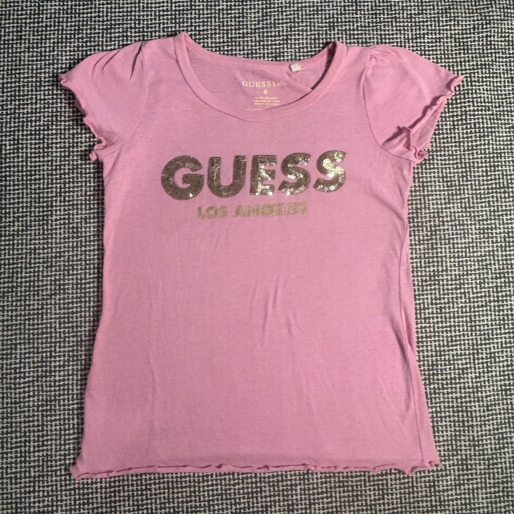 Guess Kids Girls Pink Sequin Logo Puff Sleeve Graphic Tee Shirt Size 8